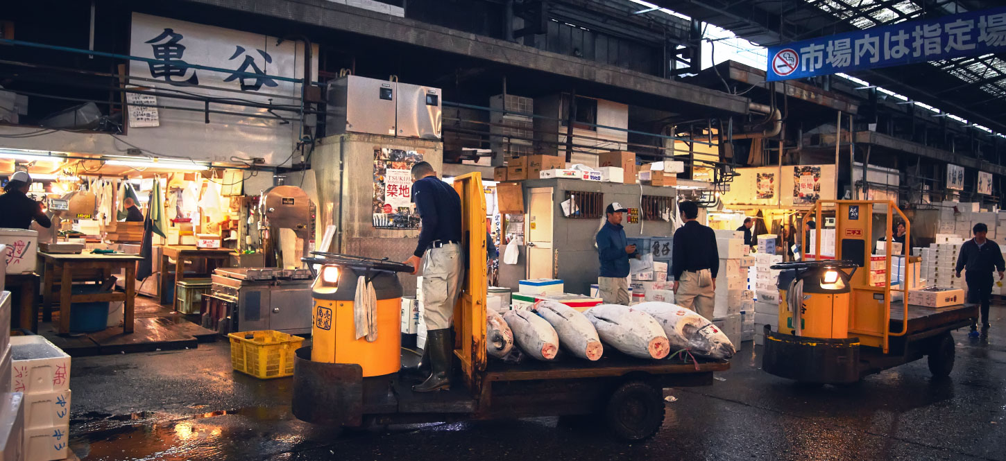 ตลาดปลาญี่ปุ่นTsukiji เป็นแหล่งอาหารทะเลสด กลางโตเกียว