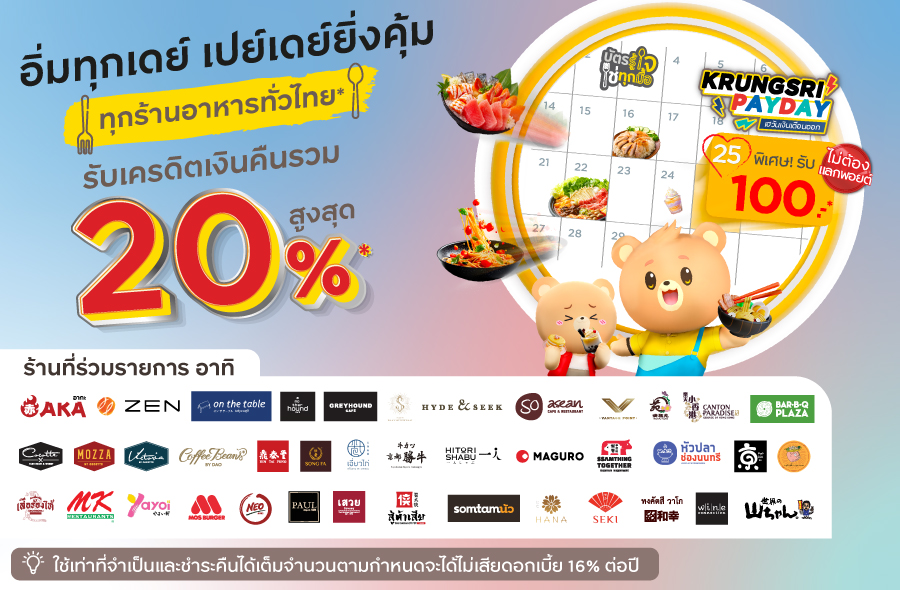 อิ่มทุกเดย์ เปย์เดย์ยิ่งคุ้ม รับเครดิตเงินคืนรวมสูงสุด 20% ทุกมื้อ ทุกวัน ทุกร้านทั่วไทย